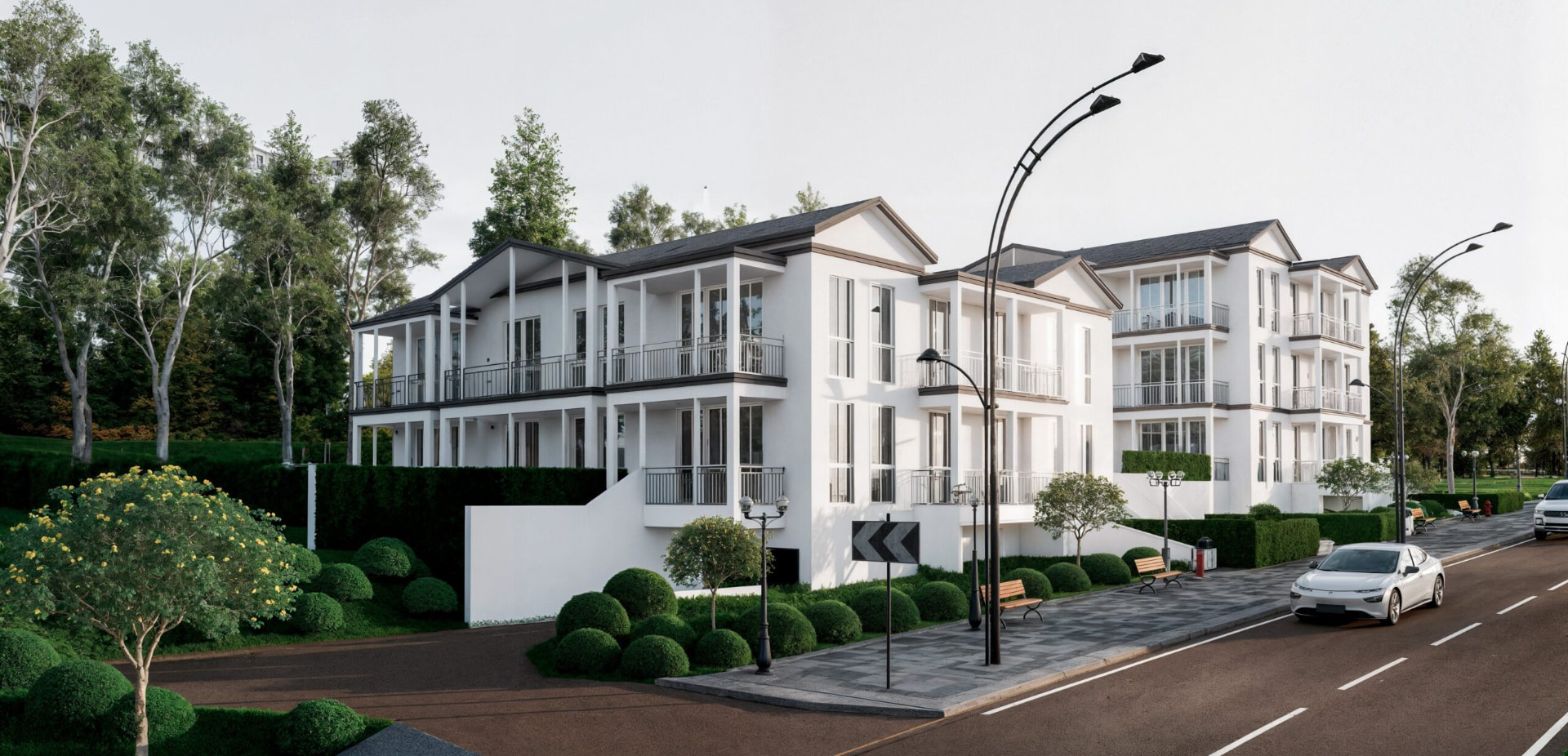 Straßenansicht des Zinshaus Ensembles mit umlaufenden Loggien