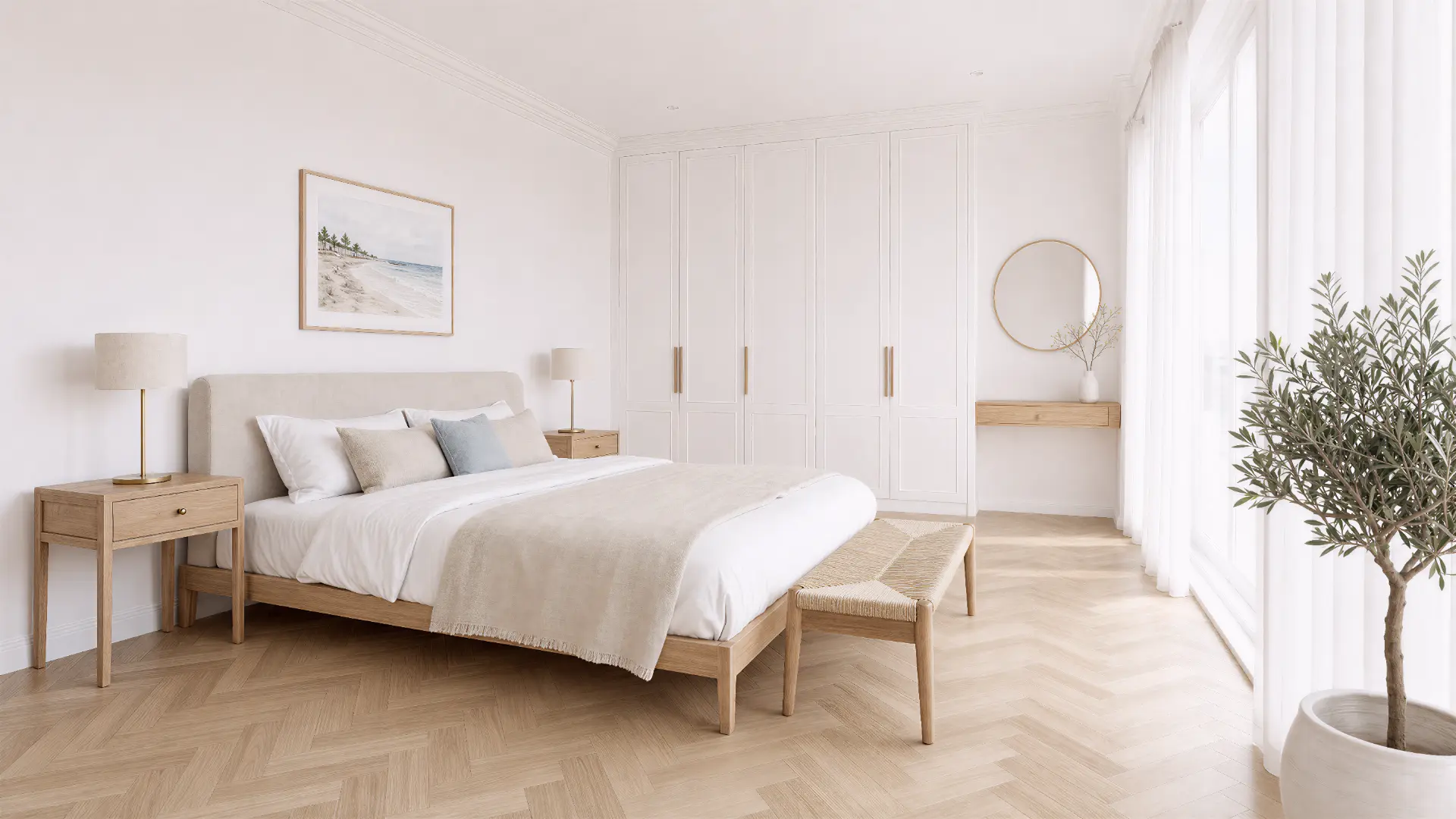 Schlafzimmer mit Fischgrätparkett und Einbauschränken