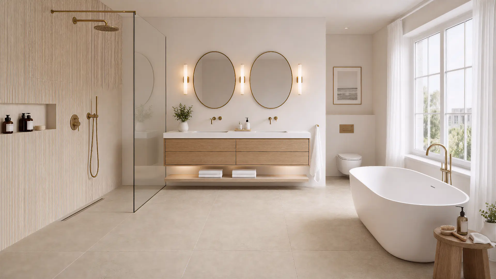 Großes Badezimmer mit freistehender Wanne und Doppelwaschtisch